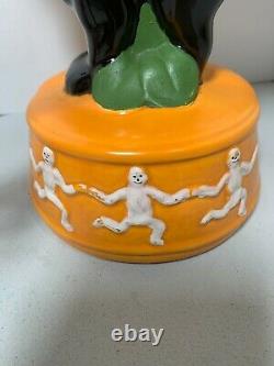 RARE Vintage Light Up Ceramic Halloween Jack-O-Lantern on Black Cat withSkeletons