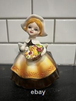 RARE Vintage Relpo Autumn PILGRIM Girl Thanksgiving Planter Cornucopia #5984