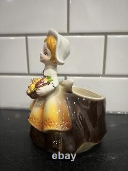 RARE Vintage Relpo Autumn PILGRIM Girl Thanksgiving Planter Cornucopia #5984