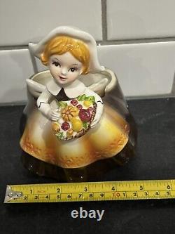 RARE Vintage Relpo Autumn PILGRIM Girl Thanksgiving Planter Cornucopia #5984