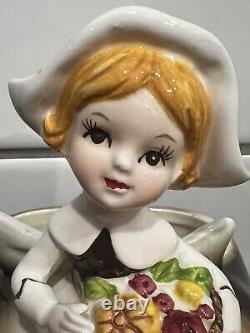 RARE Vintage Relpo Autumn PILGRIM Girl Thanksgiving Planter Cornucopia #5984