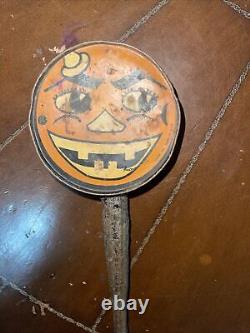 RARE vtg Halloween Cohn Tin Litho JOL pumpkin noisemaker rattle (HOME24)