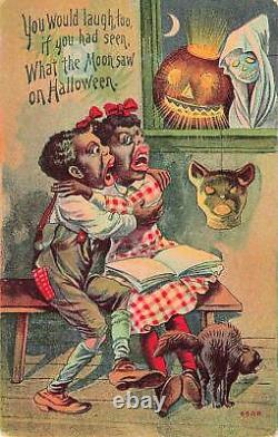 Rare 1909 vintage Halloween Postcard Black Americana Scared Ghost Moon Black Cat