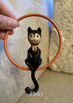 Rare Antique Vintage Celluloid Halloween Black Cat Rattler On Swing Noisemaker