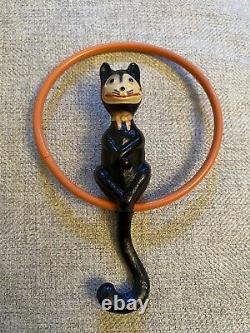 Rare Antique Vintage Celluloid Halloween Black Cat Rattler On Swing Noisemaker
