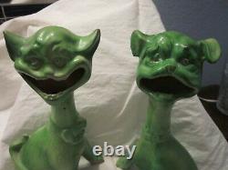 Rare Pr. Antique Grotesque Cat Dog Figurines Halloween Green Gargoyles Vtg Bat