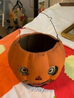 Rare Pumpkin Jack O Lantern Halloween Candy Container Antique Paper Mache
