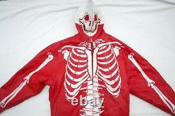 Rare Red Heavy Leather Biker Jacket Vintage Skeleton Coat Skull Hood Halloween