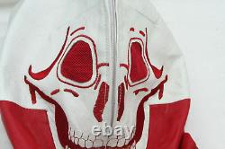 Rare Red Heavy Leather Biker Jacket Vintage Skeleton Coat Skull Hood Halloween