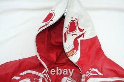 Rare Red Heavy Leather Biker Jacket Vintage Skeleton Coat Skull Hood Halloween