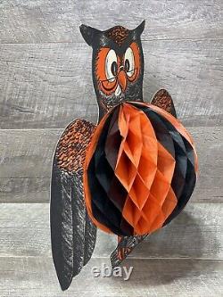 Rare Vintage 1930s Antique Halloween Owl Diecut Crepe Paper Honeycomb With Stand