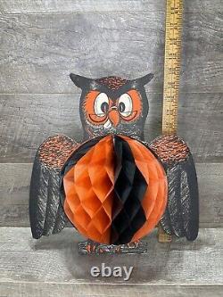 Rare Vintage 1930s Antique Halloween Owl Diecut Crepe Paper Honeycomb With Stand