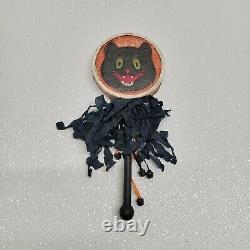 Rare Vintage Black Cat Orange Halloween Noise Maker Rattle Bells On Stick