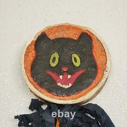 Rare Vintage Black Cat Orange Halloween Noise Maker Rattle Bells On Stick