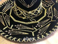 Rare Vintage Black Velvet CALIDAD Sombrero Hat W Gold Trim & SequinsMariachi