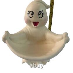 Rare Vintage Halloween Ceramic Ghost Candy Bowl Display Spooky Happy Cute Ghost