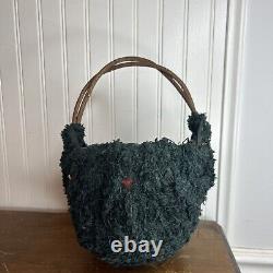 Rare Vintage Halloween Pail Folk Art Woven Wicker Black Cat Bucket Decor