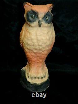 Rare Vintage Halloween Papier Mache Owl Glass Eyes 10 1/2 Tall Very Good