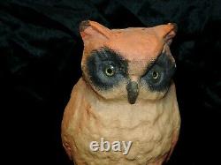 Rare Vintage Halloween Papier Mache Owl Glass Eyes 10 1/2 Tall Very Good