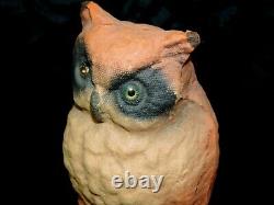 Rare Vintage Halloween Papier Mache Owl Glass Eyes 10 1/2 Tall Very Good