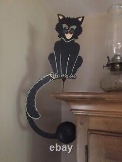 Rare Vintage Kinetic Pendulum Balancing Black Cat Metal Folk Art Halloween