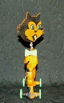 Rare Vintage Rosbro Plastic Halloween Cat on Wheels with Spring Head Pull Toy