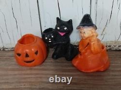 Rare Vintage Wax Black Cat, Jack O Lantern, WITCH GIRL Candy Container Holders