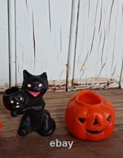 Rare Vintage Wax Black Cat, Jack O Lantern, WITCH GIRL Candy Container Holders