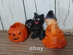 Rare Vintage Wax Black Cat, Jack O Lantern, WITCH GIRL Candy Container Holders