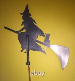 Rare Vintage Witch with Cat Riding Broomstick Original Metal Weathervane