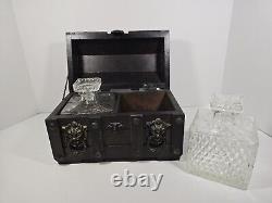 Rare Vintage Wood Chest Whiskey Decanter Metal Lion Decor Gothic Japan Halloween