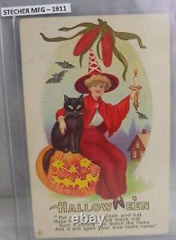 Rare vintage Halloween Postcard Witch Cat Jack O Lantern Bats Stecher MFG 1911