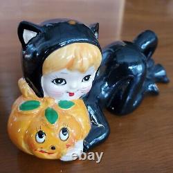 Set of 2 Lefton Halloween Cat Girls Vintage Great Condition Pumpkin VERY RARE