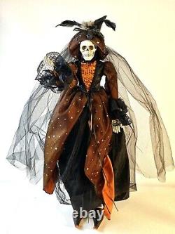 Standing Victorian Vintage Skeleton Witch Doll Decoration Halloween Rare Orange