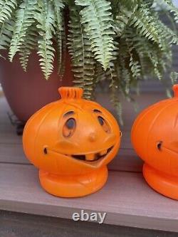 TWO Rare Vintage Halloween Pumpkin Jack O Lantern Blow Mold Light Retro