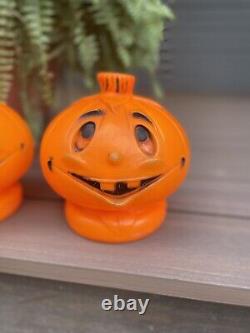 TWO Rare Vintage Halloween Pumpkin Jack O Lantern Blow Mold Light Retro