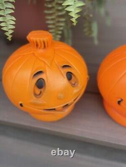 TWO Rare Vintage Halloween Pumpkin Jack O Lantern Blow Mold Light Retro