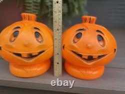 TWO Rare Vintage Halloween Pumpkin Jack O Lantern Blow Mold Light Retro