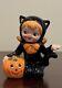 Vtg Lefton Halloween Girl In Black Cat Costume With Pumpkin Figurine 3 Rare