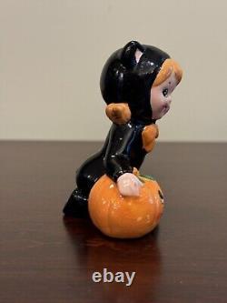 VTG Lefton Halloween Girl in Black Cat Costume with Pumpkin Figurine 3 Rare