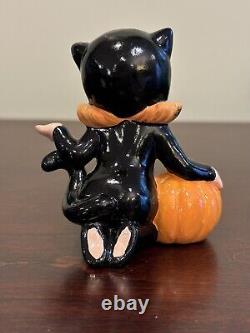 VTG Lefton Halloween Girl in Black Cat Costume with Pumpkin Figurine 3 Rare