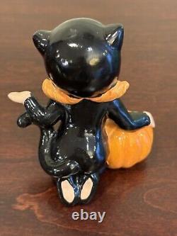 VTG Lefton Halloween Girl in Black Cat Costume with Pumpkin Figurine 3 Rare