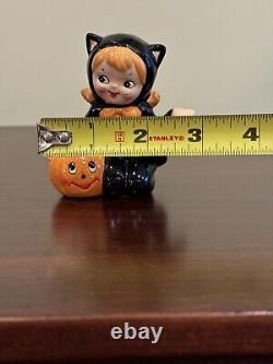 VTG Lefton Halloween Girl in Black Cat Costume with Pumpkin Figurine 3 Rare