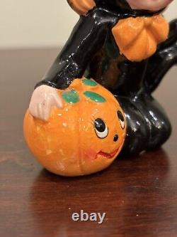 VTG Lefton Halloween Girl in Black Cat Costume with Pumpkin Figurine 3 Rare