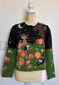 VTG Michael Simon Event RARE Sweater Halloween Night Pumpkin Cats Cardigan Small