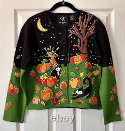 VTG Michael Simon Event RARE Sweater Halloween Night Pumpkin Cats Cardigan Small