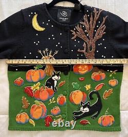 VTG Michael Simon Event RARE Sweater Halloween Night Pumpkin Cats Cardigan Small