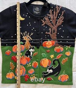 VTG Michael Simon Event RARE Sweater Halloween Night Pumpkin Cats Cardigan Small