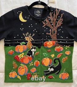 VTG Michael Simon Event RARE Sweater Halloween Night Pumpkin Cats Cardigan Small