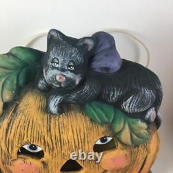 VTG RARE Ceramic Light Up Halloween Jack-O-Lantern Pumpkin Black Cat Cute
